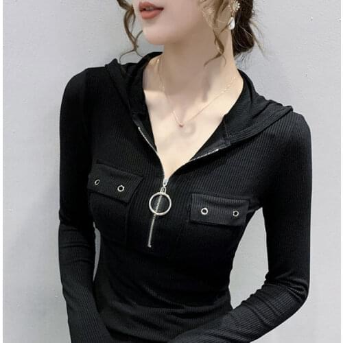 Woman Tshirts Womens Cotton Zipper V-neck Long-Sleeved T-shirt Fall Winter Hooded Patchwork Top Tops Mujer Camisetas
