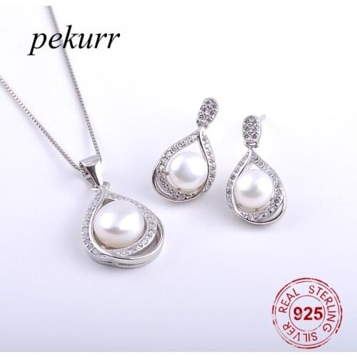 Pekurr 925 Sterling Silver Double Hoop Waterdrop Freshwater Natural Pearl Earrings Necklace Sets For Women Zircon Pendants Set