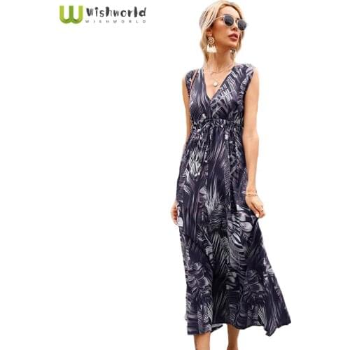 In the Summer of 2021TheNew Printing Sexy V-Neck Sleeveless Dress BohemianFashionTemperament Long Dress