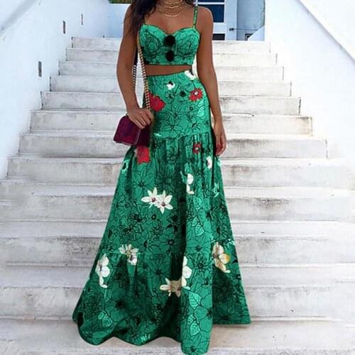 Fashion Vintage Sexy Lady Women Dresses Floral Print Spaghetti Strap Summer High Waist Large Hem Skirt Set Women Clothing 2021
