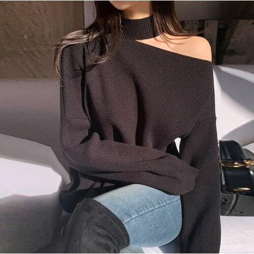 Winter and Autumn Leisure Elegant Hollow Turtleneck Sweater Loose Irregular Top Open Back Nude Shoulder Knit Pullover Black