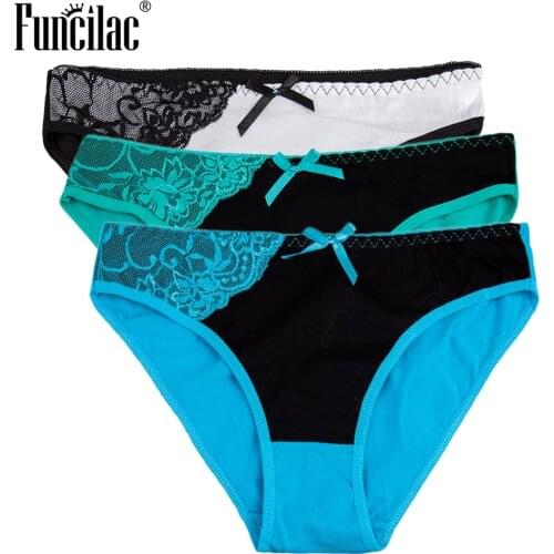 FUNCILAC Sexy Panties for Women Cotton Female Underwear Plus Size Briefs Lace Patchwork Ladies Lingerie M-XXL 3 pcs/set