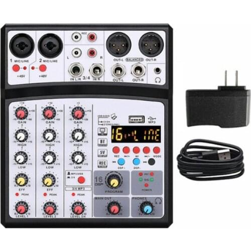 4 Channels Audio Sound Mixer Mixing DJ Console USB with 48V Phantom Power 16 DSP Effects