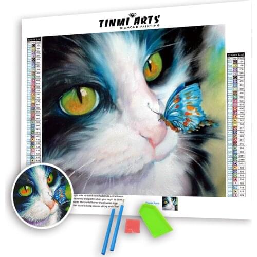 5D DIY Crystal Diamond Paintings Full Round Cat with Butterfly Kits Rhinestones Embroidery Mosaic Art Animal Decoration Home