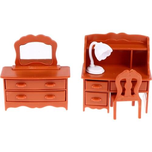 8Pc/Set Doll House Bedroom Dressing Cabinet Table And Chair Mirror Table Lamp To