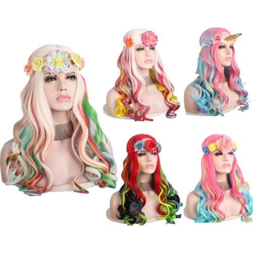 Anxin Sweet Long Wavy Colorful Wigs With Flower Bwoknot Accessories Party Anime Heat Resistant Synthetic Wig For Women Girls