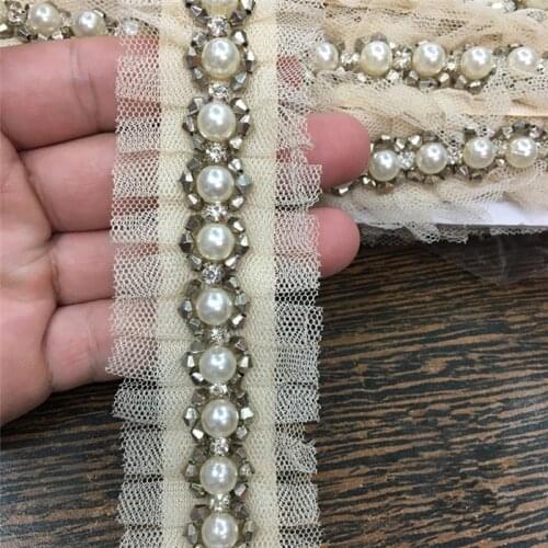 Beige mesh stage costume nail drill lace Beaded folding lace trim handmade nail flash drill DIY accessories lace