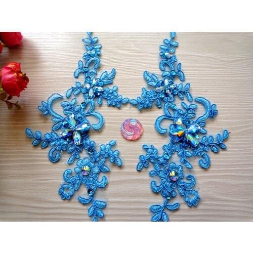 Handmade sequins Rhinestones patches sew on Light Blue colour lace applique Delicate embroidered 23*10cm for dress