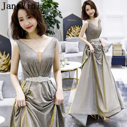 JaneVini 2019 Sparkling Sequined Long Evening Dresses Sexy Deep V Neck Beaded A Line Sweep Train Backless Shiny Dress Jurk Lang