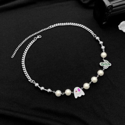 Personality Vintage Specter Pendants Clavicle Chain Fashion Shiny Pearl Necklaces Women Hip-Hop Splice Cactus Prom Accessories