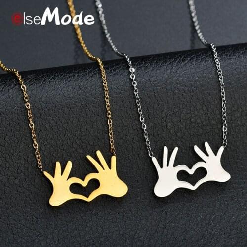 ELSEMODE Double Hand Love Heart Family Love Pendant Necklaces 316L Stainless Steel Love Chain Necklace for Women Men Charm Gifts