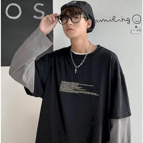 Cotton autumn fake two-piece mens long-sleeved t-shirt male students Korean style loose trendy clothes ins youth mens clothing