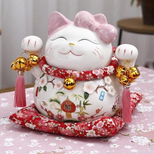 Maneki Neko Kitten Ceramic Lucky Cat Money Box Pink BOW-TIE Fortune Cat Animal Figurines Home Desktop Decoration