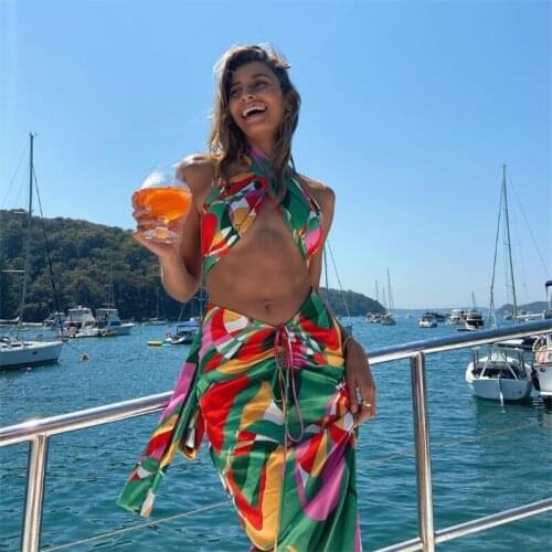 Dourbesty Fashion Print Halter Cut-Out Sets Sexy Lace Up Top and Skirt Bodycons Two Pieces Ruched Ruched Club Party Matching Set