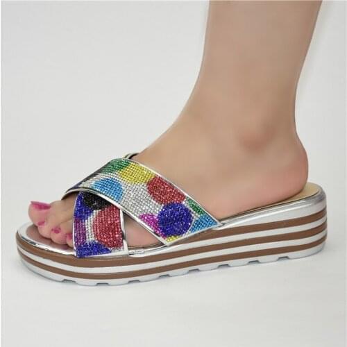 Fashion Lady Shoes Silver With Colorful Rhinestones African Medium Wedge Heel Slippers 222-5 Heel Height 4CM