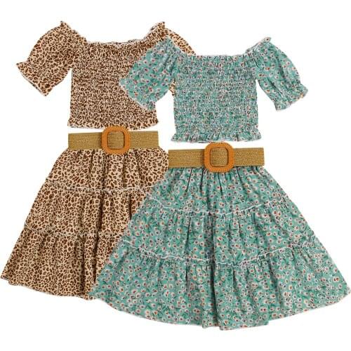 2021 Fashion Girls Casual Three-piece Clothes Set, Short Sleeve Crop Tops, Long Skirt and Waistband, Khaki/ Lake Green