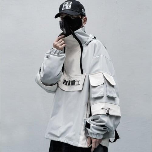 Patchwork Hip Hop Streetwear Hoody Men Hit Block Color Mulit-Pocket Harajuku Japanese Hooded Jackets Coats Oversized Windbreaker