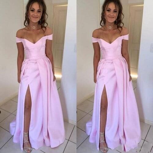 Pink Gowns Cheap Simple Off Shoulder Satin A Line Prom Dresses Ruched High ide Split Long Formal Evening Gowns vestidos de fiest