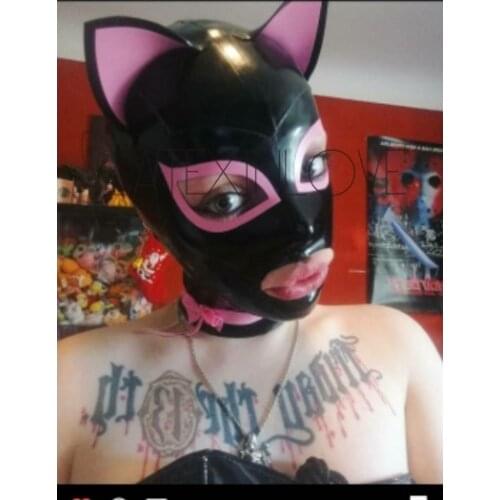 Sexy Black Latex Rubber Fetish Hood Mask Pink Cat Ear with Bow Lace