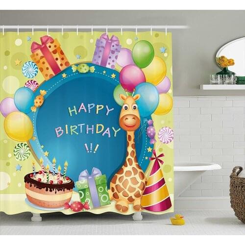 Birthday Decorations for Kids Shower Curtain Congratulation Wishes on Blue Backdrop Party Balloons Print Bathroom Curtains