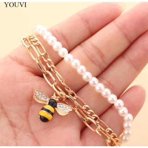YOUVI Twisted Layered Pearl Beads Chains Bracelets for Women Gold Color Cuban Link Chains Bangels Charms Goth Bee Bracelet