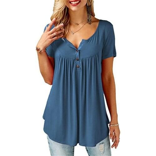 2019 Summer New Women Short Sleeve V Neck Loose Tops T Shirt Sexy Casual Pleated Tee Shirt Camiseta Feminina