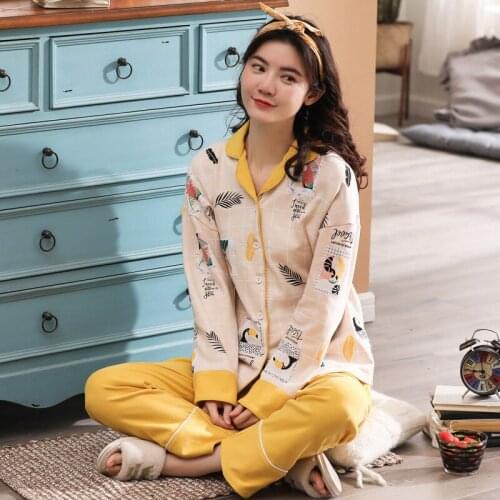 Women autumn and winter long sleeve cotton women pajamas new student cardigan Korean spring leisure men pajama sets pajama set