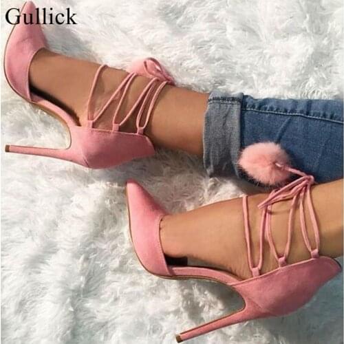 Gullick Pom Pom Decor High Heel Pumps Pink Pointed toe Ankle Lace-up Strappy Sandals For Women 2018 Spring Wedding Dress Shoes