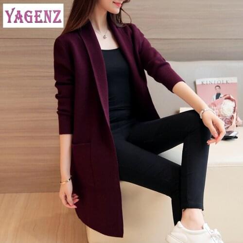 YAGENZ Autumn Winter Women Knitted Sweater Cardigan High Quality Solid Color Long Section Plus size Womens Knit Sweater Cardigan