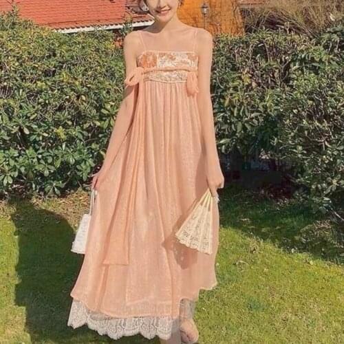 Bella 2021 New Summer Vintage Print Strap Dress Women Elegant Designer Chiffon Lace-Up Midi Dress Retro Sweet Chic Lace Dress