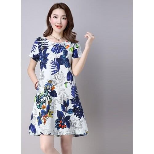 Women Dress Vintage Floral Print Loose Short Sleeve O Neck Ladies Dress Breathable Cotton Linen Maxi Dresses vestidos de festa