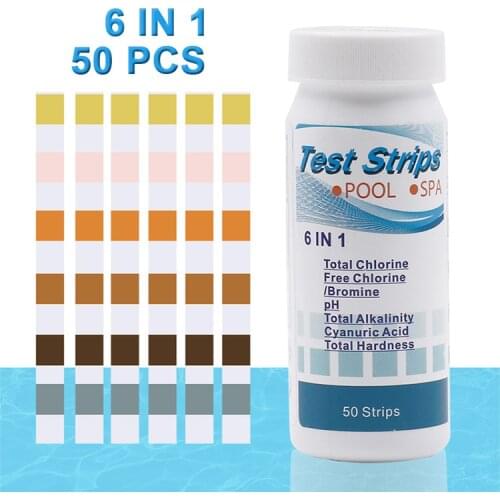 50pcs 6 in 1 Swimming Pool PH Test Strips Paper Residual Chlorine PH Value Alkalinity Hardness Test Strip PH Tester