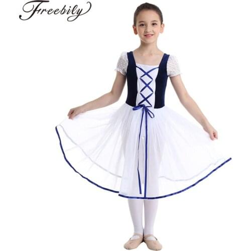 Kids Girls Professional Ballet Tutu Dress Velvet Mesh Lacework Short Bubble Sleeves Ballet Gymnastics Leotard Dress Dance Wear