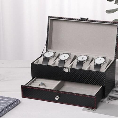 4 Grids Double Layer Watch Box Carbon Fiber PU Watch Case Boxes Holder Organizer Jewelry Box for Wedding Decoration Display Box