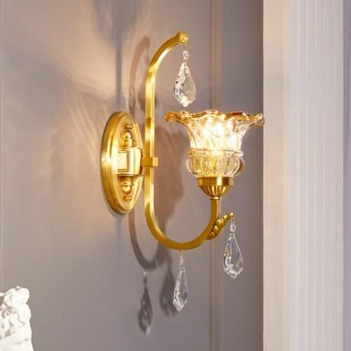 European Crystal Wall Lamp All Copper glass lampshade wall light Bedroom Bedside night Lamp Living Room Corridor Stair Lighting