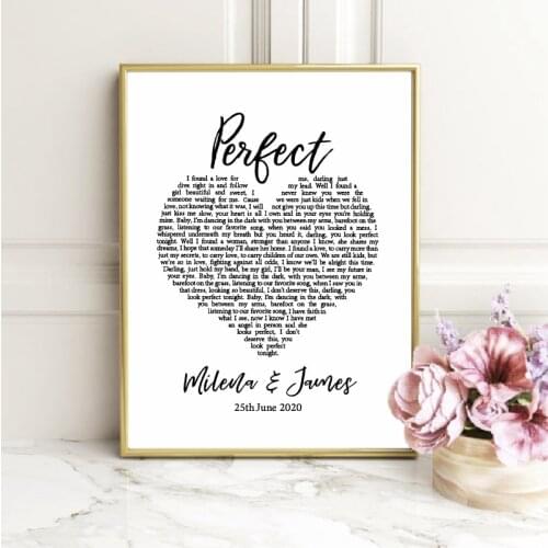 Perfect Lyrics Personalized Love Canvas Painting Picture Wedding Decoration , Custom Name and Date Poster Prints Bedroom Decor