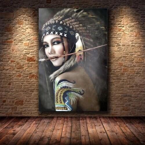 Indian Woman Feather Art Oil Painting Canvas Painting Cuadros Posters Print Wall Art for Living Room Home Decor (No Frame)