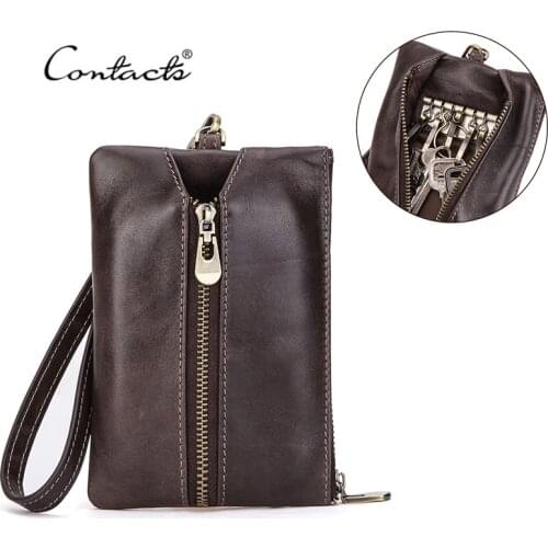 CONTACTS Genuine Leather Key Wallet Multifunction Card Holder Coin Purse Housekeeper Small Keychain Unisex Key Bag with Strap
