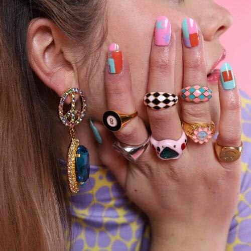 Summer Colorful Sweet Trendy Alien Geometric Square Checkered Dripping Oil Rings for Women Delicate butterfly Jewelry 2021