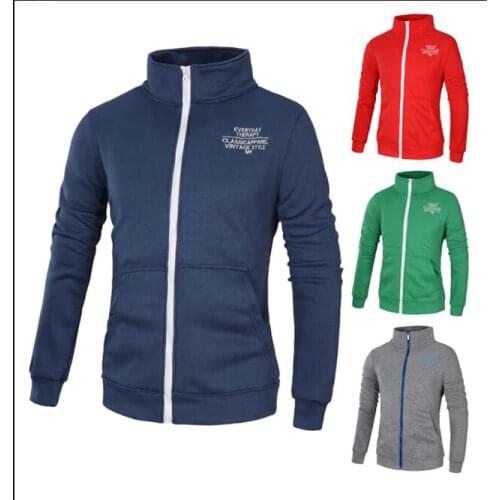 Mens Sweatshirt Long Sleeve Stand Collar Zipper Solid Color Printed Cardigan with Pocket Casual Sports Sweatshirt Coat