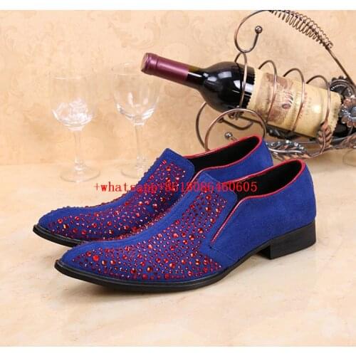2017 Europe Rhinestones Men Dress Shoes Pointed Toe Blue Men Velvet Loafers Party Shoes