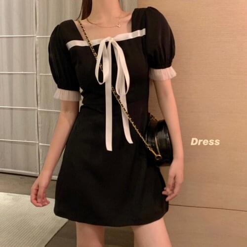 2020 new sweet bubble short-sleeved black square-neck dress female summer slimming black dresses sommerkleider damen