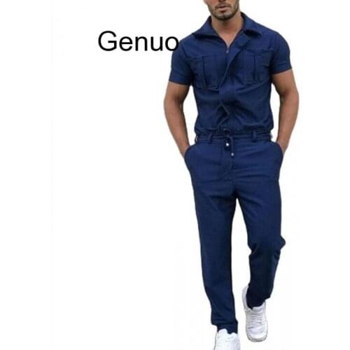New Cotton Blends Jumpsuit Mens Overalls Casual Notched Short Sleeve Rompers Solid Color Overall Zipper Romper Pocket Trousers