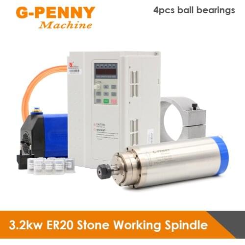 3.2KW ER20 Water Cooling Stone Working Spindle 4 PCS Ceramic ball bearings& 3.7KW FL Inverter&75W Water pump&Bracket Collet