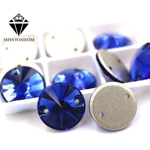 New Hot High quality flatback glass sew on rhinestones double hole Round shape blue crystal rhinestone diy clothing accessories