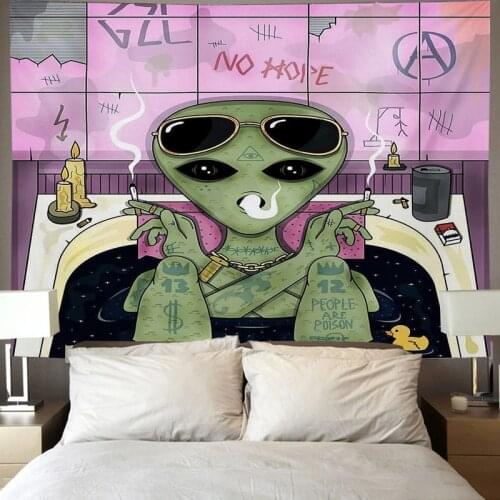 Trippy Alien Smoke Cigarette And Chill Bath Glasses Tapestry Wall Hanging Blanket Decoration for Home Living Bedroom