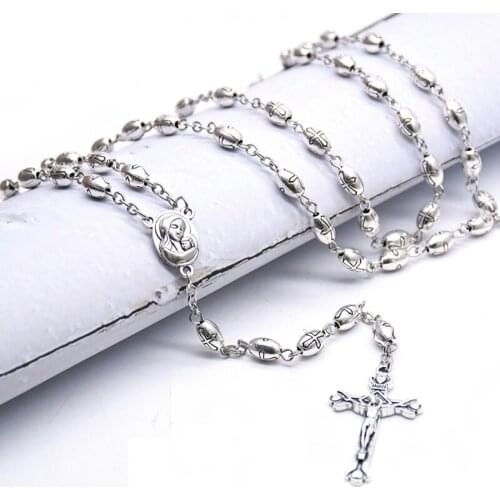 Vintage Silver Alloy Cross Pendant Rosary Beads Necklace Prayer Bead Christ Church Jewelry Gift Unisex Fashion Accessories