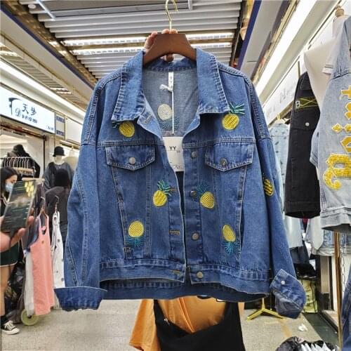 2021 Spring Autumn New Denim Jacket Womens Korean Loose Denim Coats Fashion Embroidery Pineapple Short Denim Jackets Female Coat