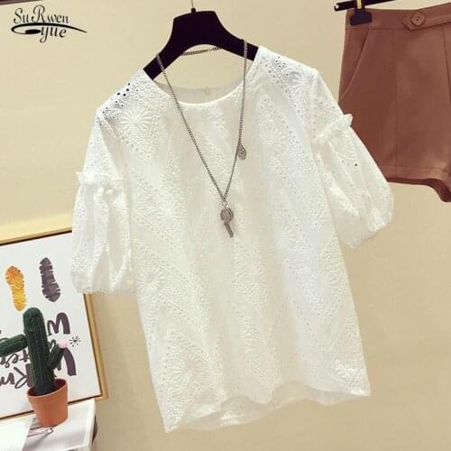White Lace Top Women Korean Summer Shirts Hook Flower Short Sleeve Lace Shirt Fashion New Small Blouse Women White Blouse 13439