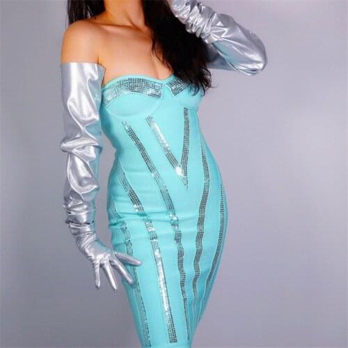 2020 NEW TECH LONG GLOVES Faux Leather PU 35" 90cm Silver Large Sleeves EXTRA LONG Unisex Leather Gloves Female Male PU184